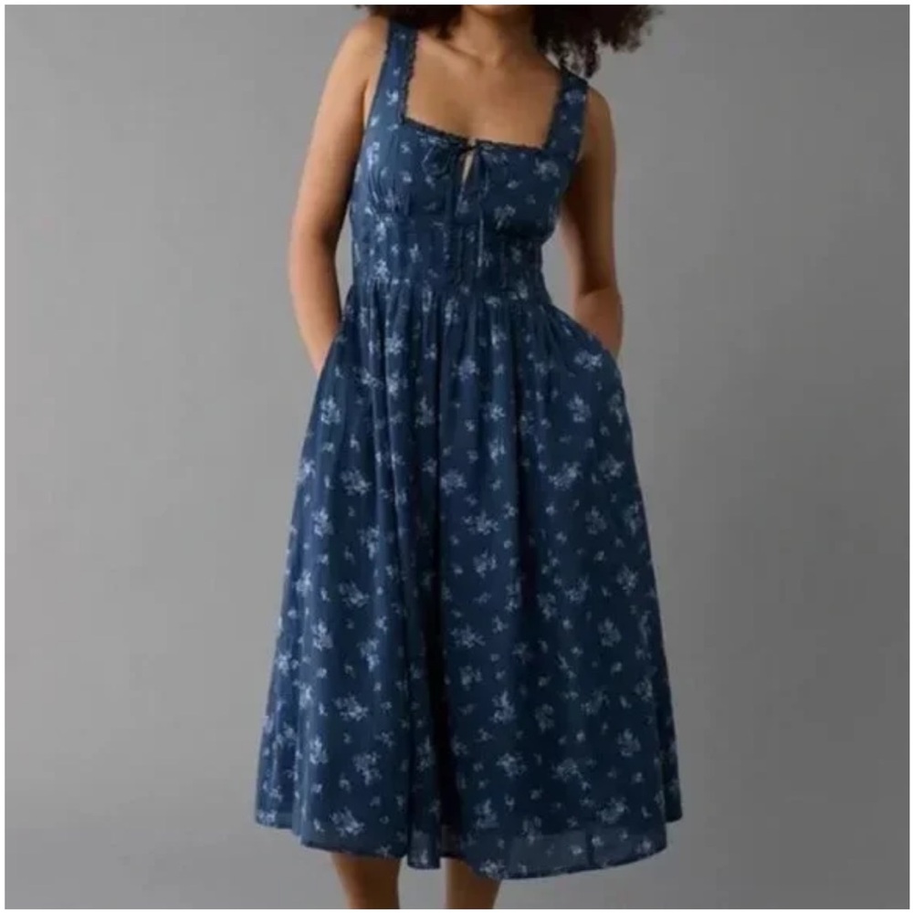 American Eagle Outfitters Navy Floral Corset Midi Dress